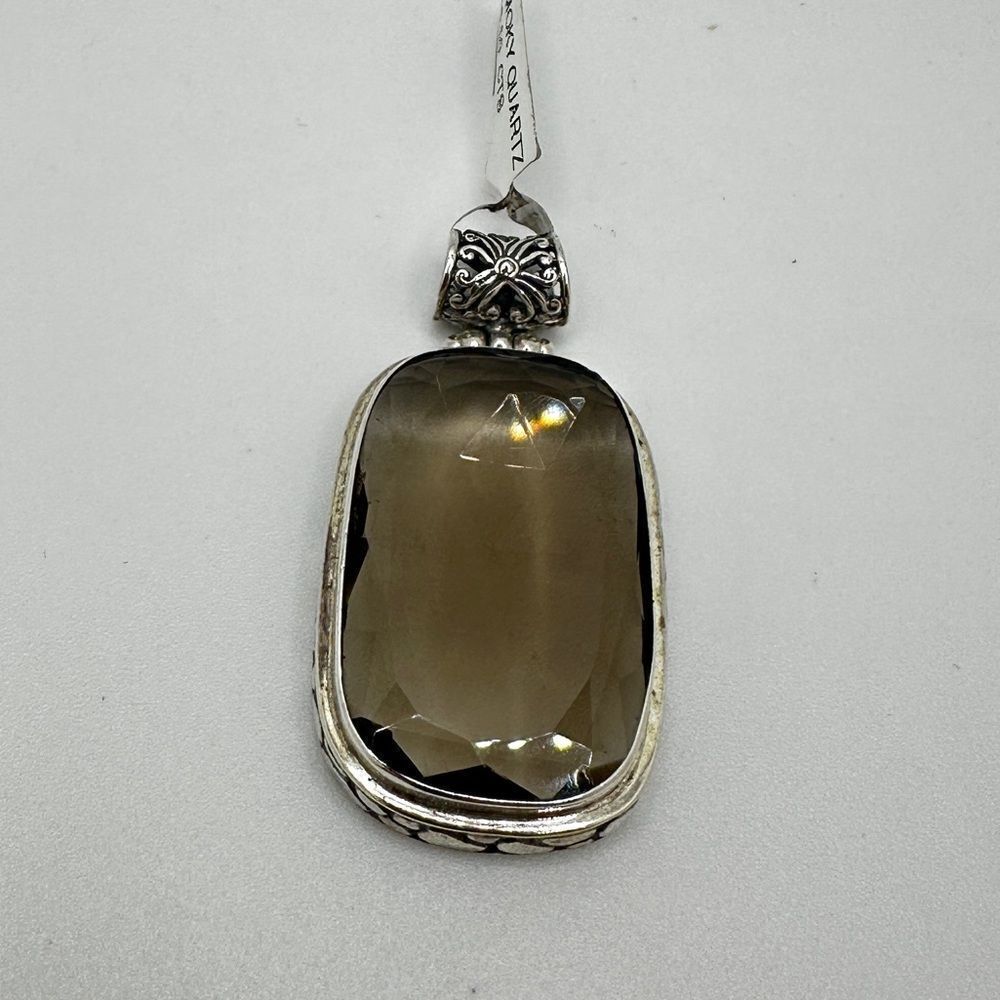 NWT faceted 29x18mm‎ Smoky Quartz pendant in solid Bali sterling silver! - Picture 6 of 14